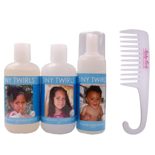 Kinky-Curly Tiny Twirls Combo-Set w/ Detangling Comb! (Moisturizing Styler 8oz , Detangling Conditioner 8oz , and Foam Shampoo 4.5oz)