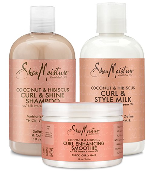 Shea Moisture Coconut and Hibiscus Combination Pack- Curl Enhancing Smoothie, 12 oz, Curl Style Milk, 8 oz & Curl & Shine Shampoo 13 oz