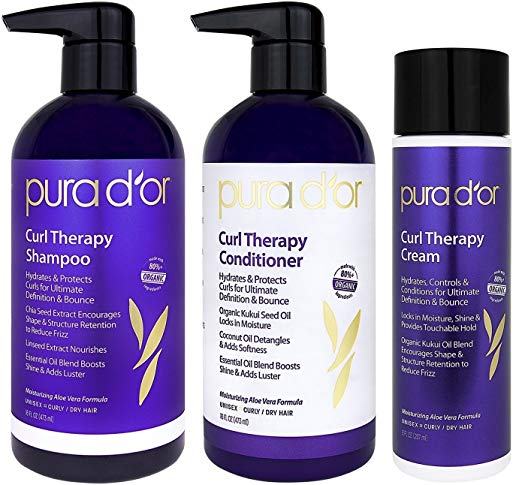 PURA D'OR Curl Therapy 3-Piece Set Shampoo, Conditioner & Styling Cream for Curly, Wavy or Frizzy Hair, Improves Shine, Definition & Bounce, Infused with Natural & Organic Ingredients, for Men & Women