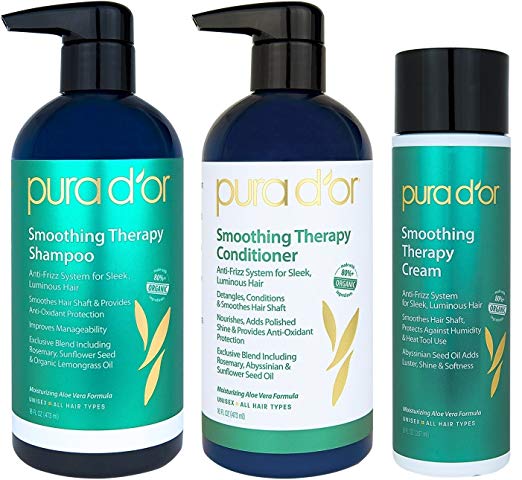 PURA D'OR Smoothing Therapy Anti-Frizz System Shampoo, Conditioner & Styling Cream Straightens Dull, Dry, Brittle Hair, Infused with Natural & Organic Ingredients, for All Hair Types, Men and Women