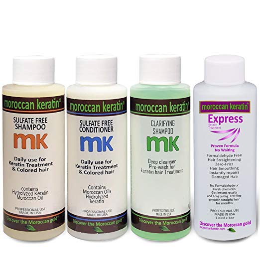 Moroccan Keratin Express Smoothing Straightening Hair Treatment Formaldehyde Free No-Wait Formula Instant Results 120mlx4 with Clarifying Shampoo, Sulfate-Free Shampoo and Conditioner